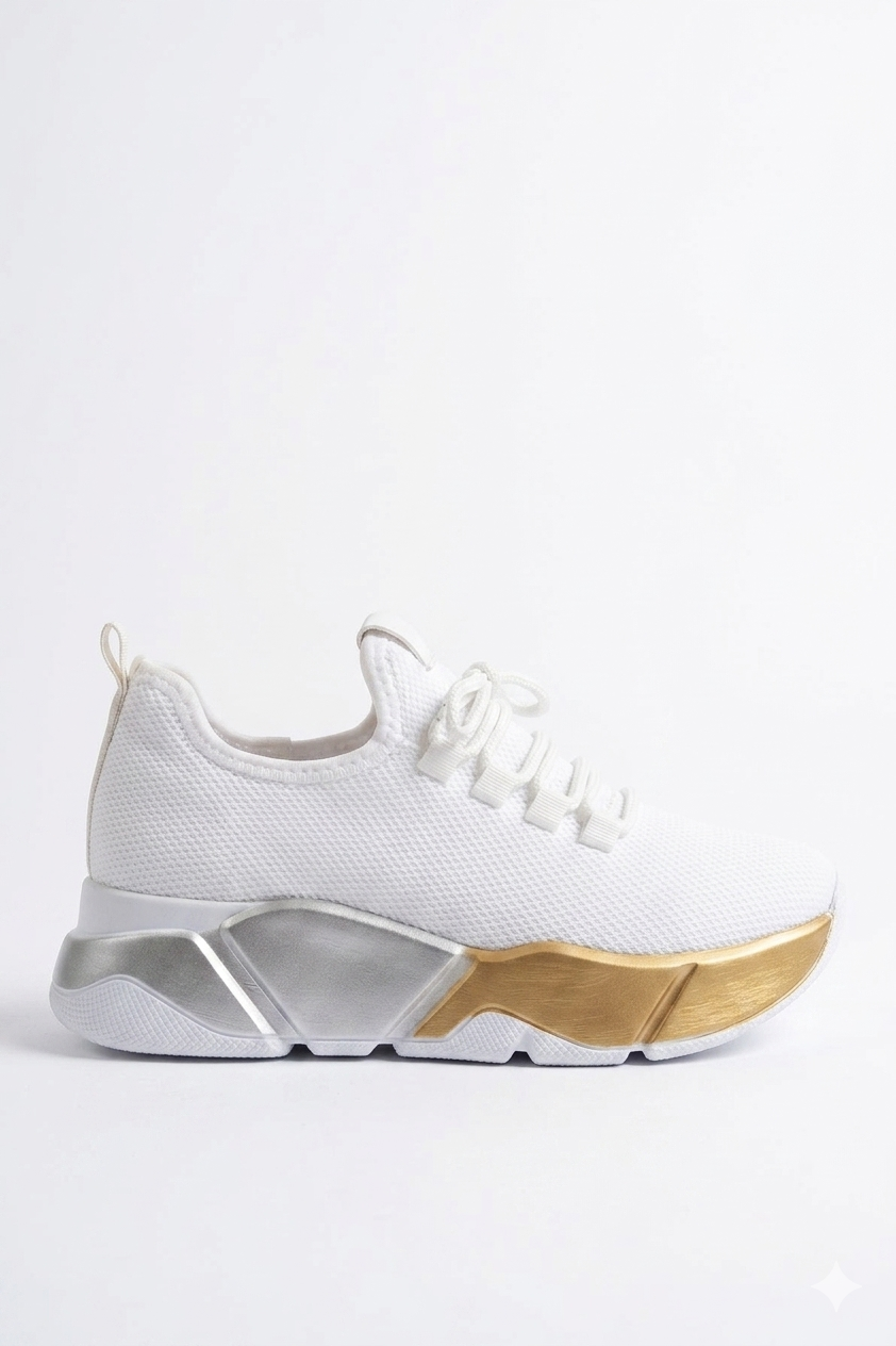 ZRİN-400 Premium Beyaz Bağcıklı Triko Kalın Taban Kadın Sneaker 5 cm