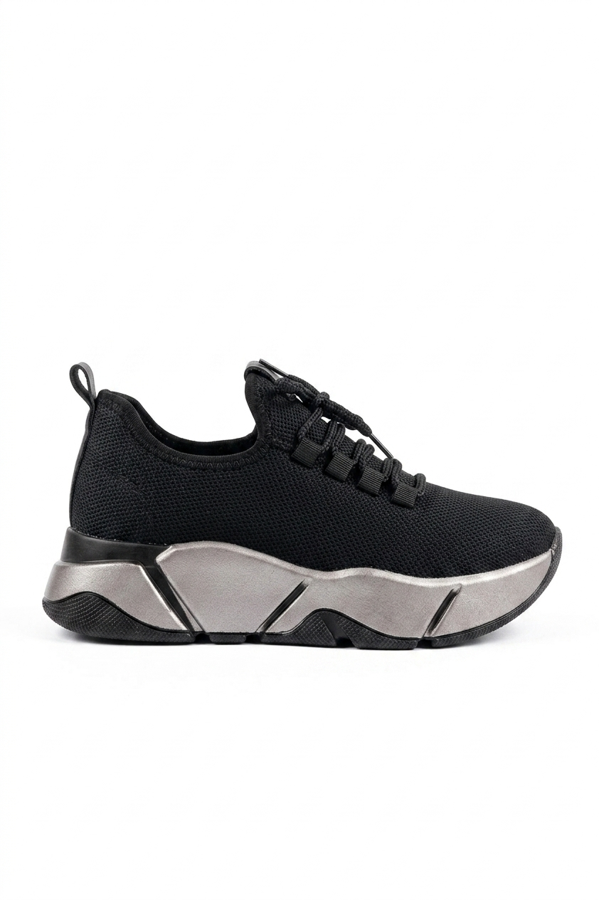 ZRİN-400 Premium Siyah Bağcıklı Triko Kalın Taban Kadın Sneaker 5 cm