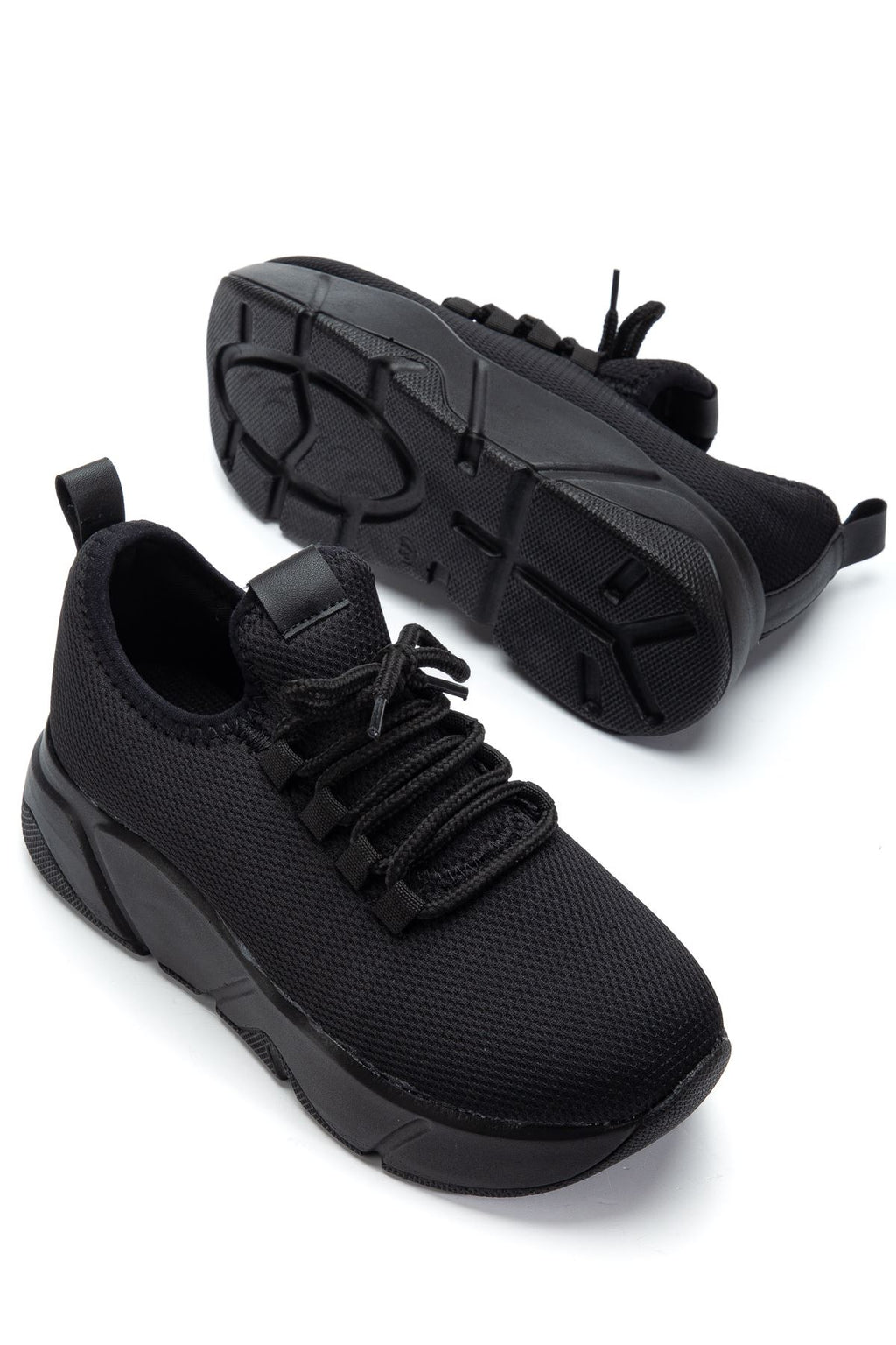 ZRİN-400 Premium Siyah Bağcıklı Triko Kalın Taban Kadın Sneaker 5 cm