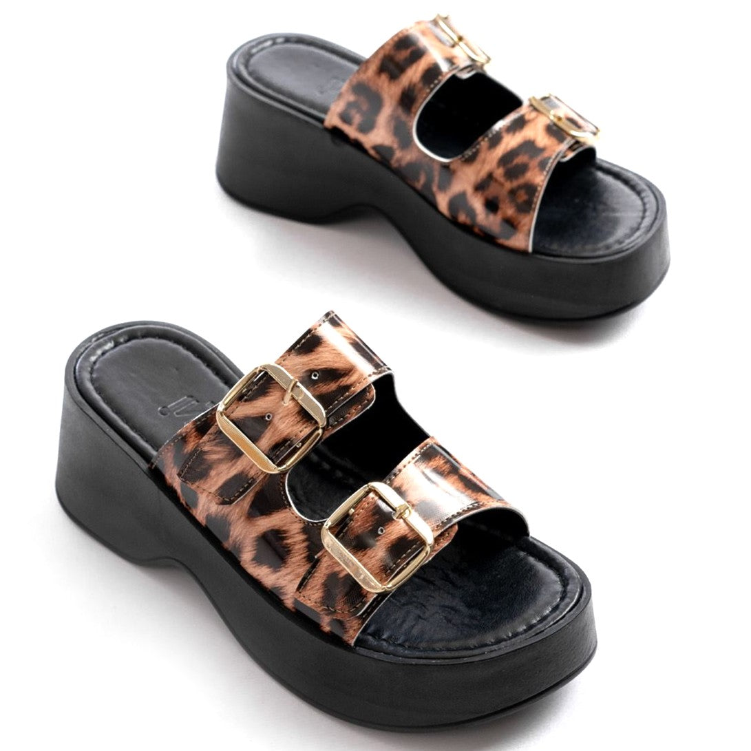 ZRİN-574 Premium Leopar Rugan Günlük Dolgu Topuk Kadın Terlik