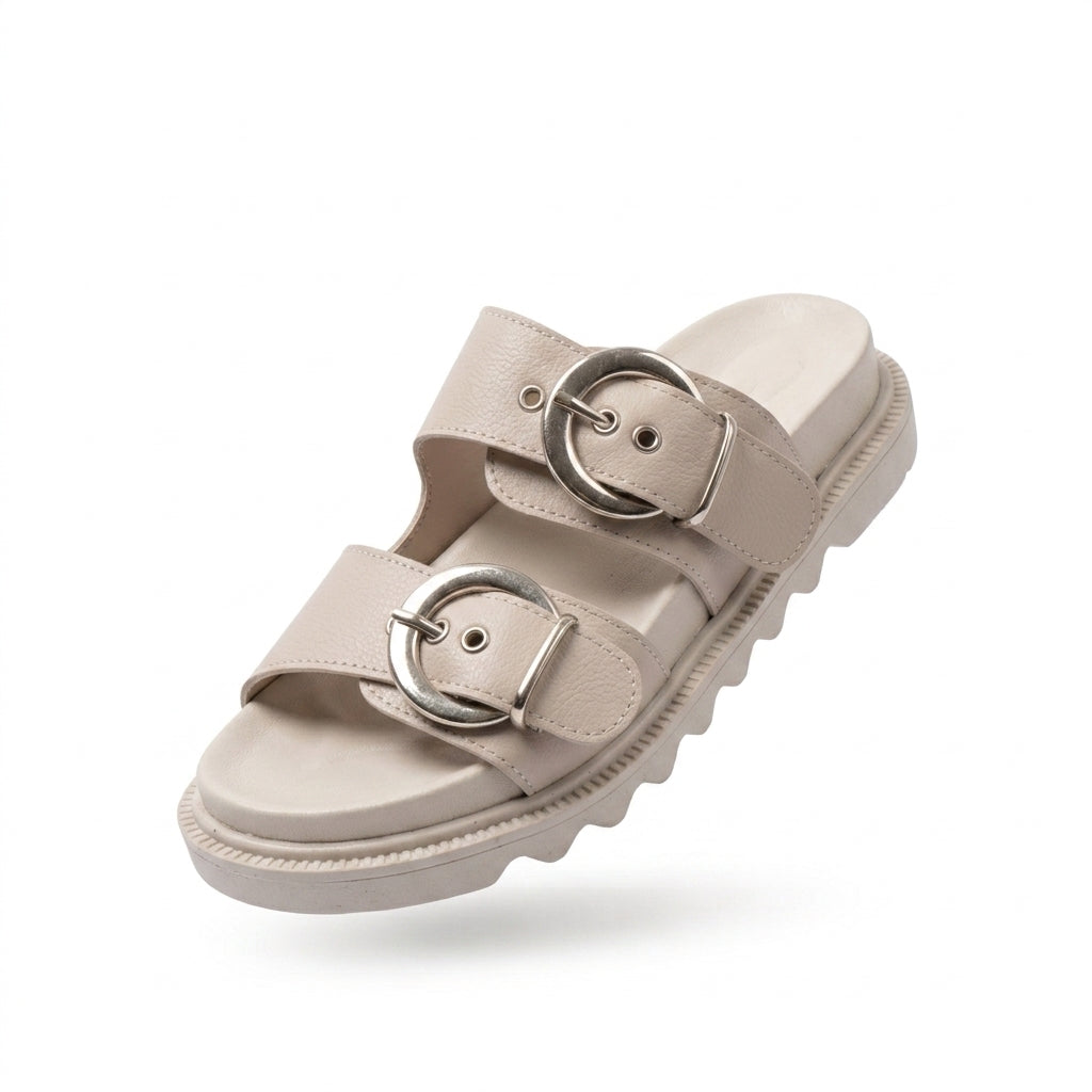 ZRIN-6010 Beige Buckle Accessory Casual Women's Slippers