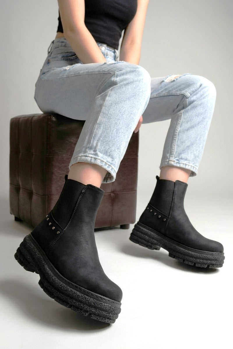ZRİN-749-2005 Premium Black Emerald Flat-Heeled Elasticated Women's Everyday Boots