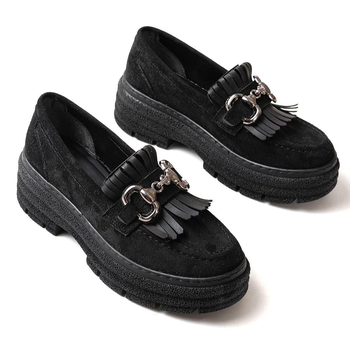 ZRİN-750 Premium Black Suede Buckled Orthopedic High-Sole Loafer