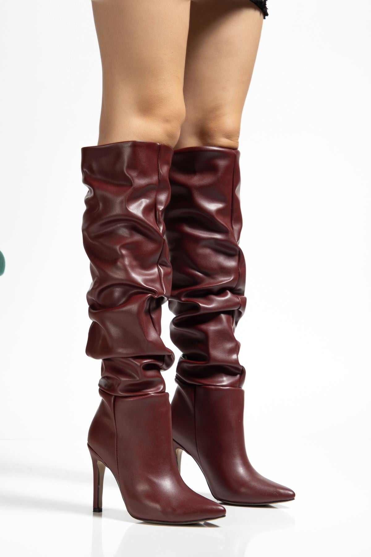 ZRİNXX-2003 Premium Bordo Körüklü İnce Topuklu Günlük Kadın Çizme 11 cm