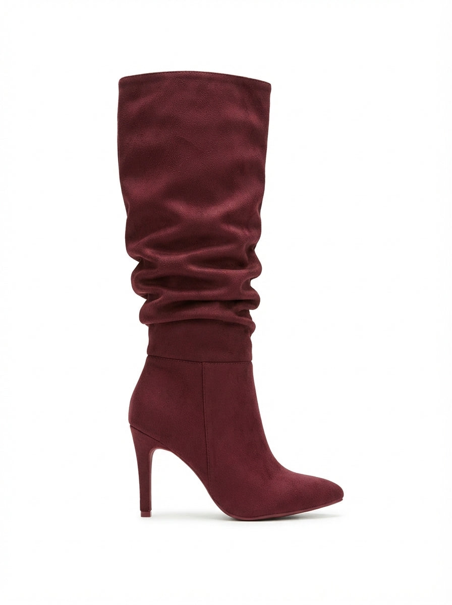 ZRİNXX-2003 Premium Bordo Süet Körüklü İnce Topuklu Günlük Kadın Çizme 11 cm