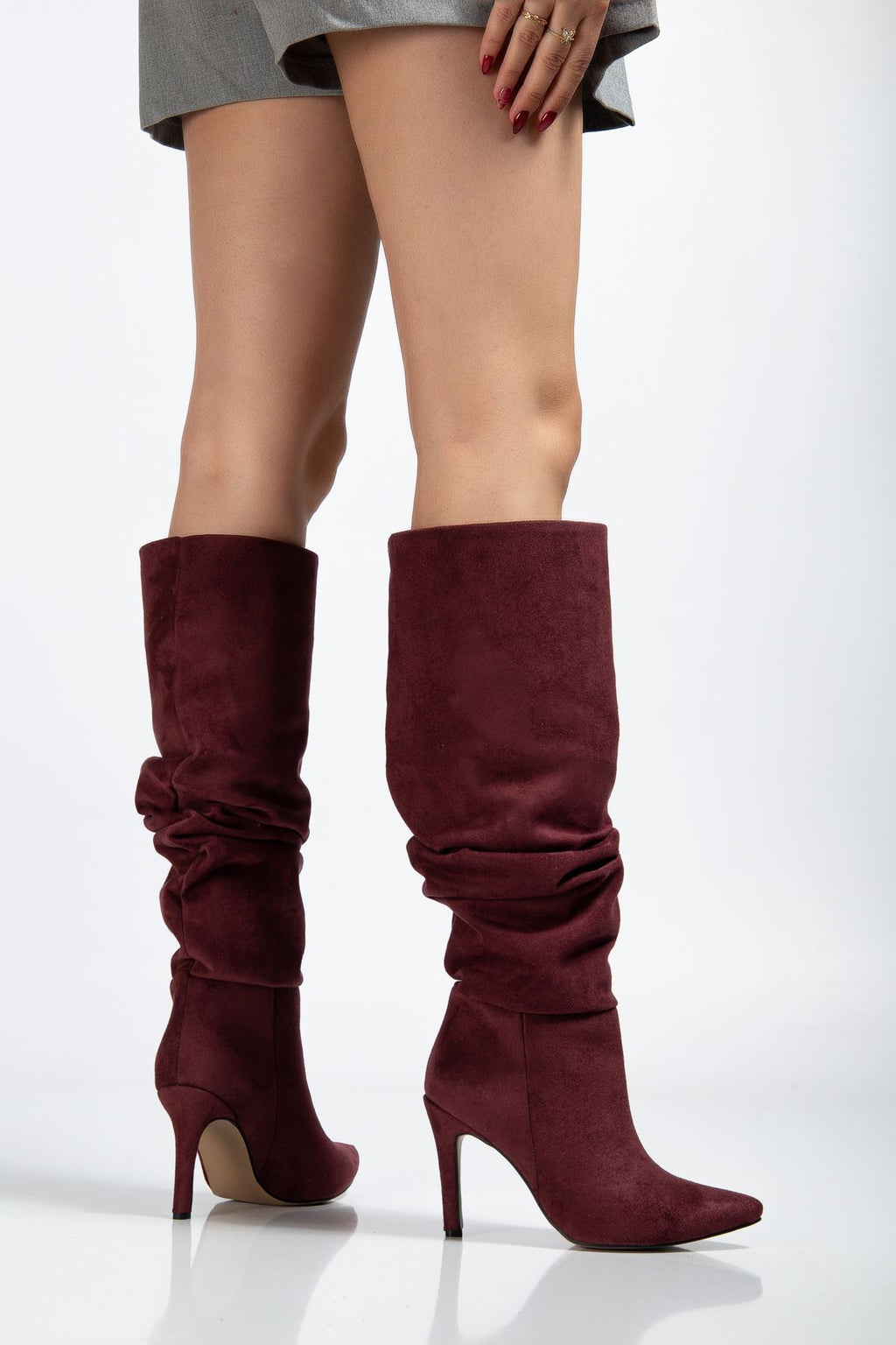 ZRİNXX-2003 Premium Bordo Süet Körüklü İnce Topuklu Günlük Kadın Çizme 11 cm
