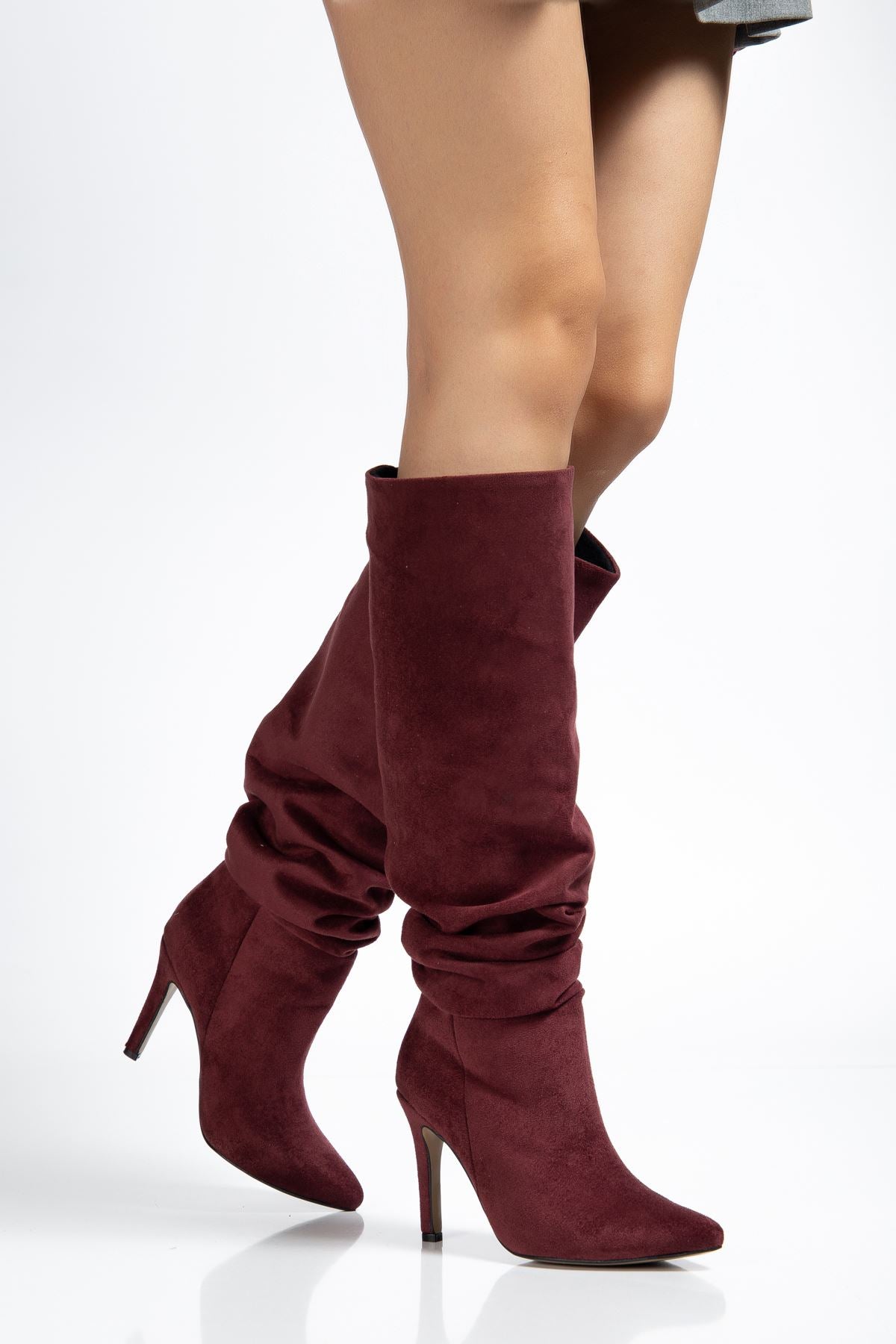 ZRİNXX-2003 Premium Bordo Süet Körüklü İnce Topuklu Günlük Kadın Çizme 11 cm