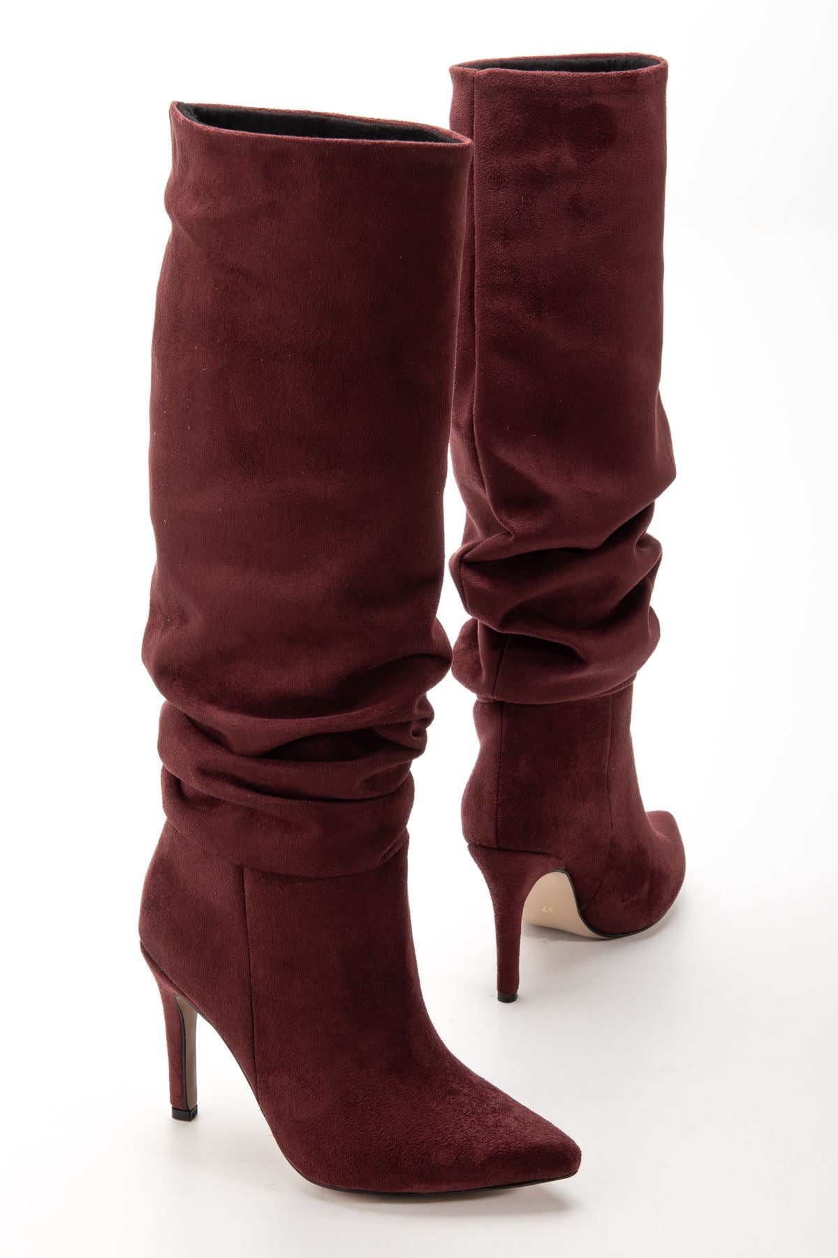 ZRİNXX-2003 Premium Bordo Süet Körüklü İnce Topuklu Günlük Kadın Çizme 11 cm