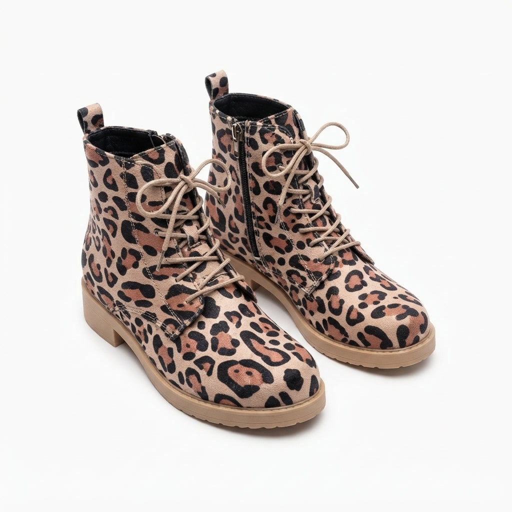 ZRİN165-225 Premium Leopard Lace-Up Zippered Casual Women's Boots