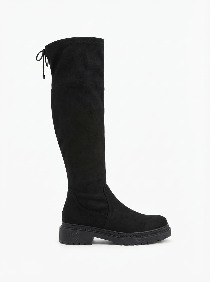 ZRIN812-2194 Premium Black Suede Zippered Over-the-Knee Lace-Up Casual Women's Boots