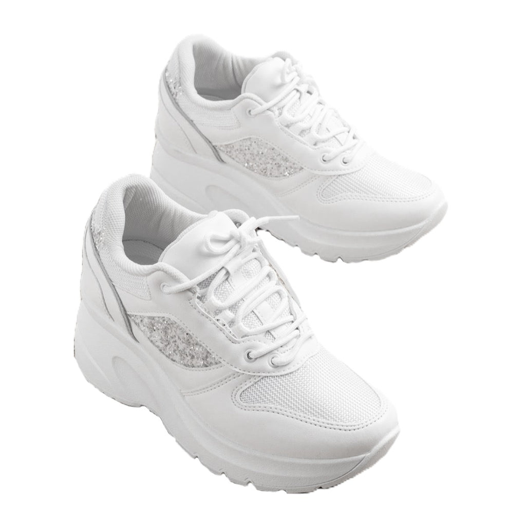 ZRİNF-185 Premium Beyaz Dolgu Topuk Günlük Bağcıklı Taş Aksesuarlı Sneaker