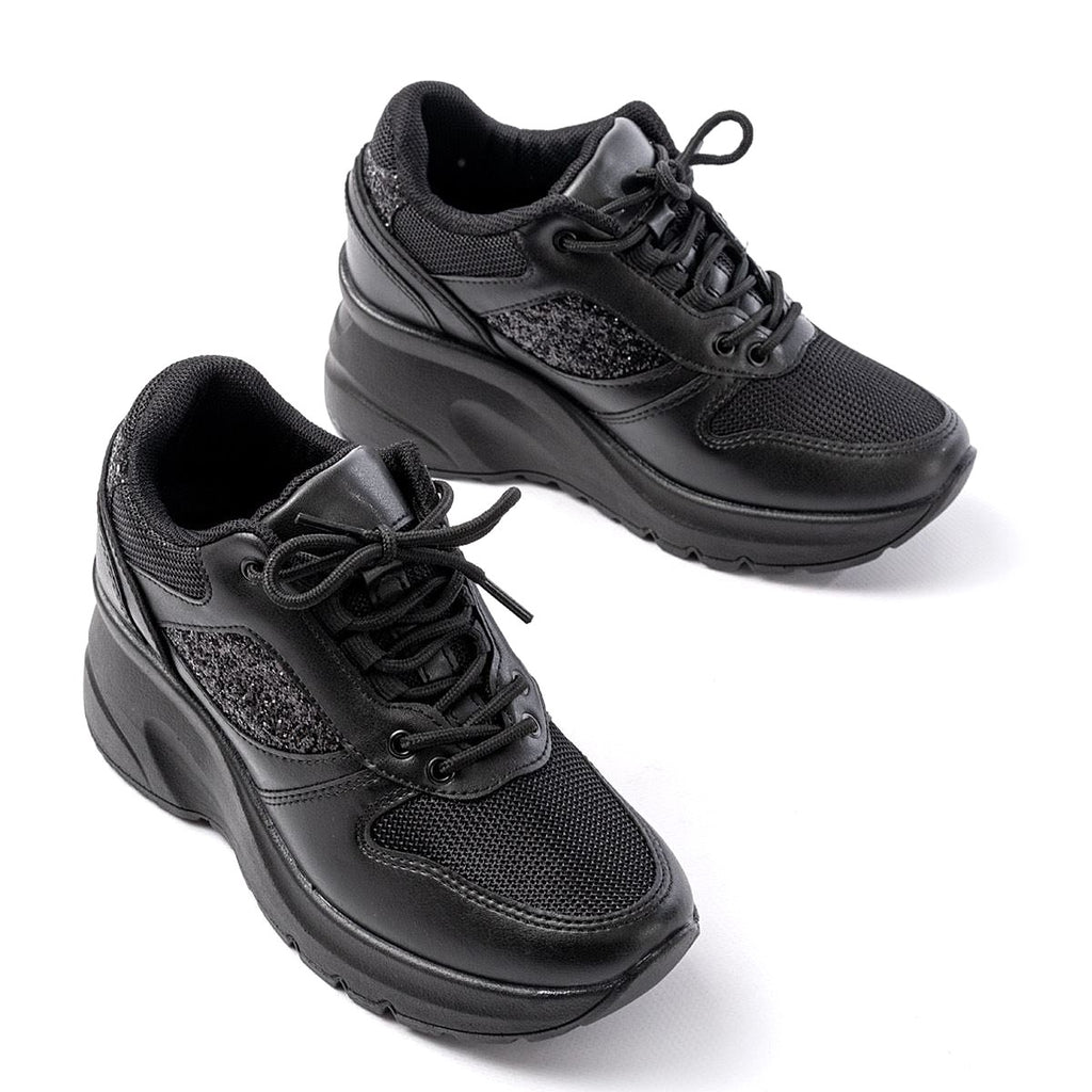 ZRİNF-185 Premium Siyah Dolgu Topuk Günlük Bağcıklı Taş Aksesuarlı Sneaker