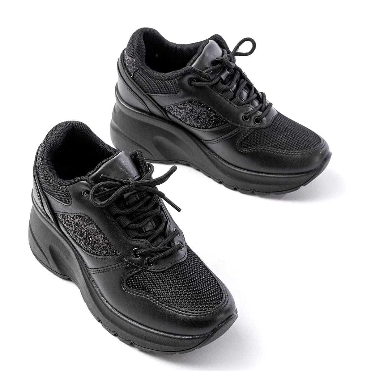 ZRİNF-185 Premium Siyah Dolgu Topuk Günlük Bağcıklı Taş Aksesuarlı Sneaker