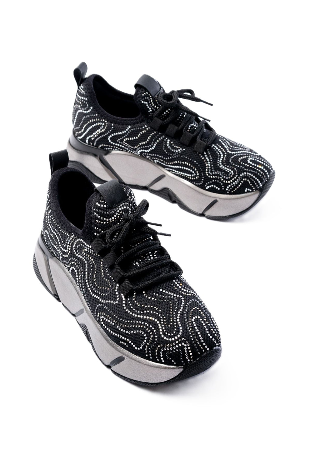 ZRİNRS-402 Premium Siyah Bağcıklı Fileli Taşlı Platin Taban Kadın Sneaker