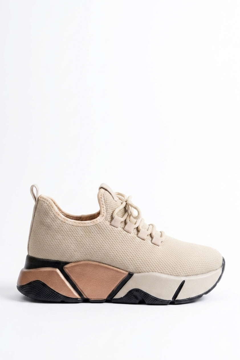 ZRİN-400 Premium Bej Bağcıklı Triko Kalın Taban Kadın Sneaker 5 cm