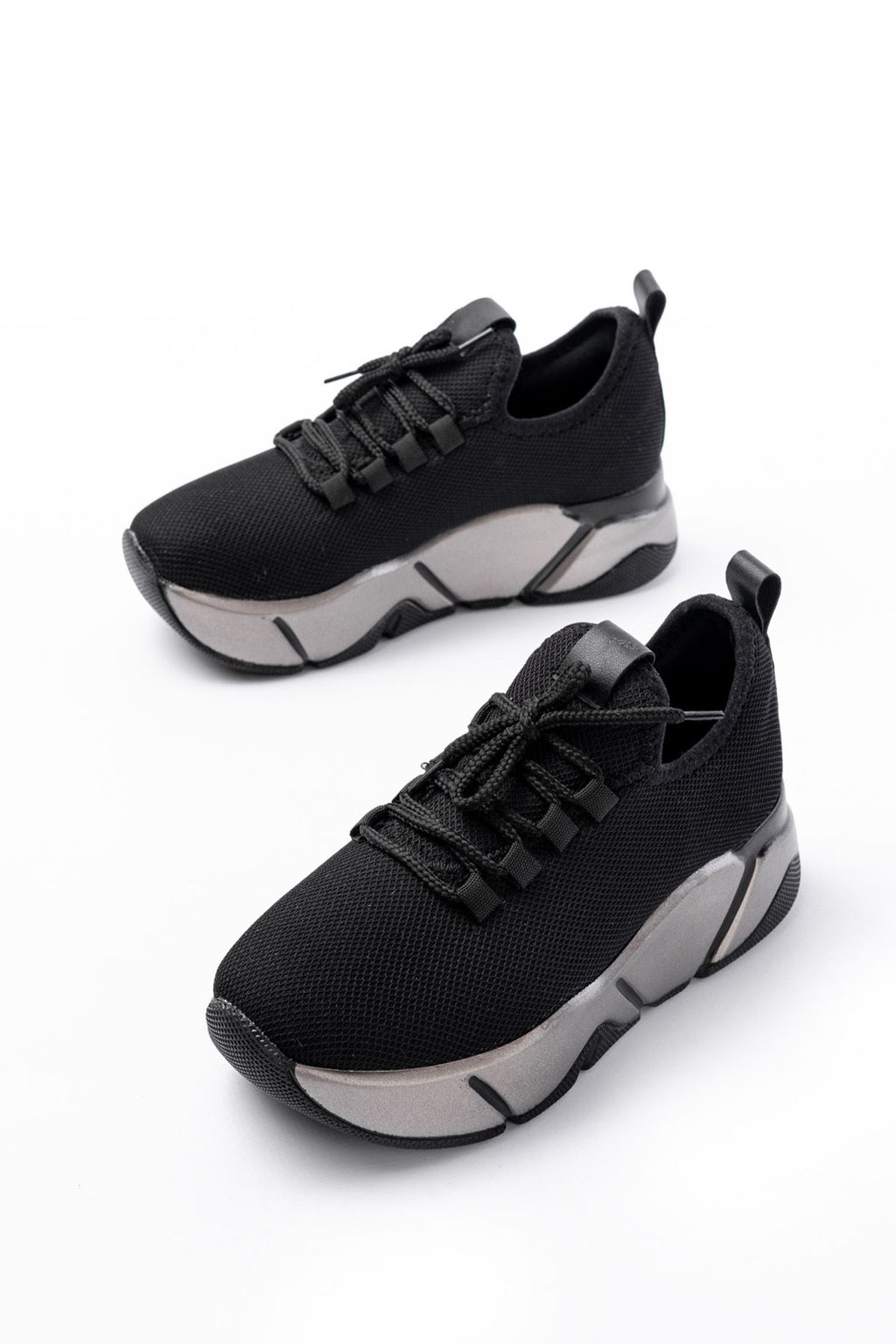 ZRİN-400 Premium Siyah Bağcıklı Triko Kalın Taban Kadın Sneaker 5 cm