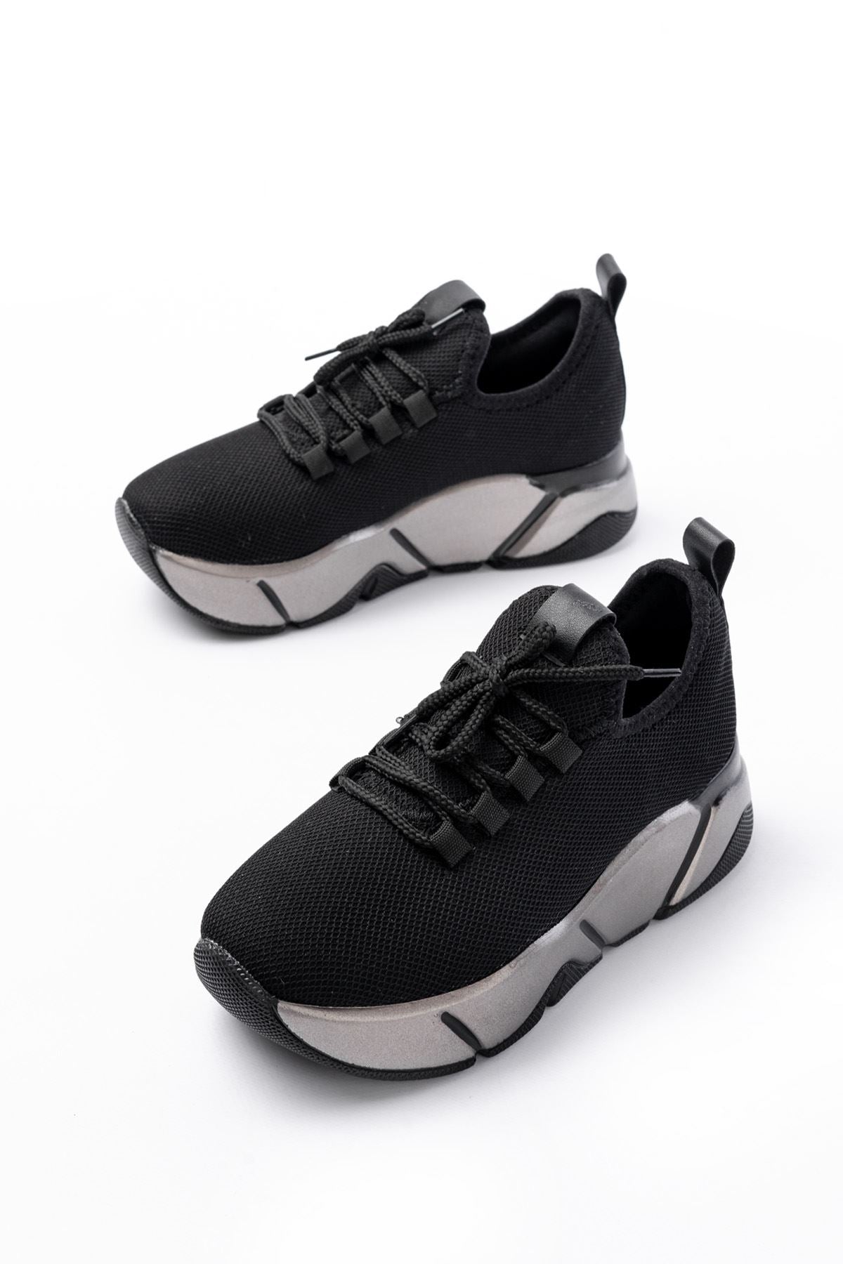 ZRİN-400 Premium Siyah Bağcıklı Triko Kalın Taban Kadın Sneaker 5 cm