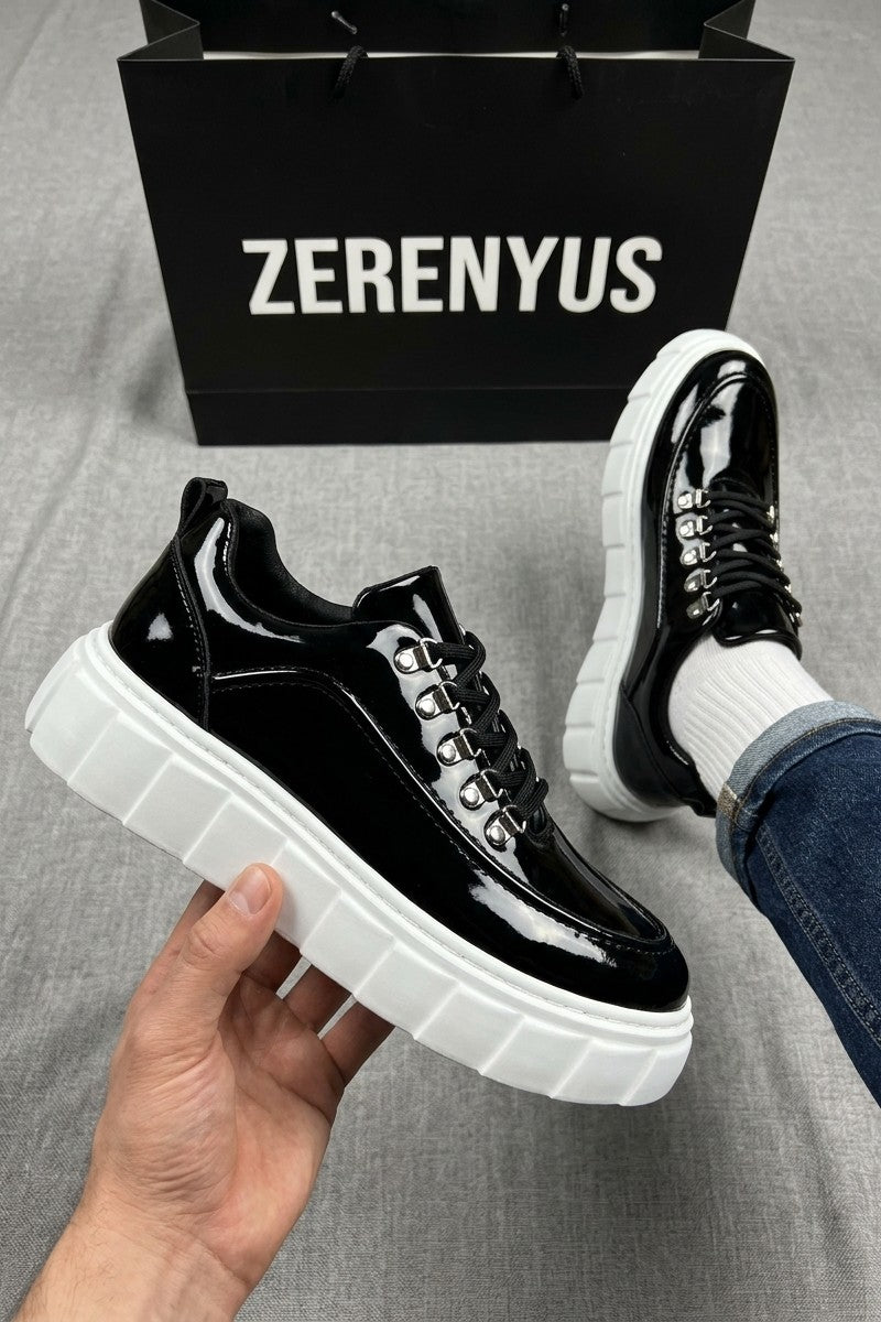 ZRJ010 Premium 5 cm Yüksek Taban Günlük Erkek Ayakkabı Klasik - Siyah Beyaz Rugan