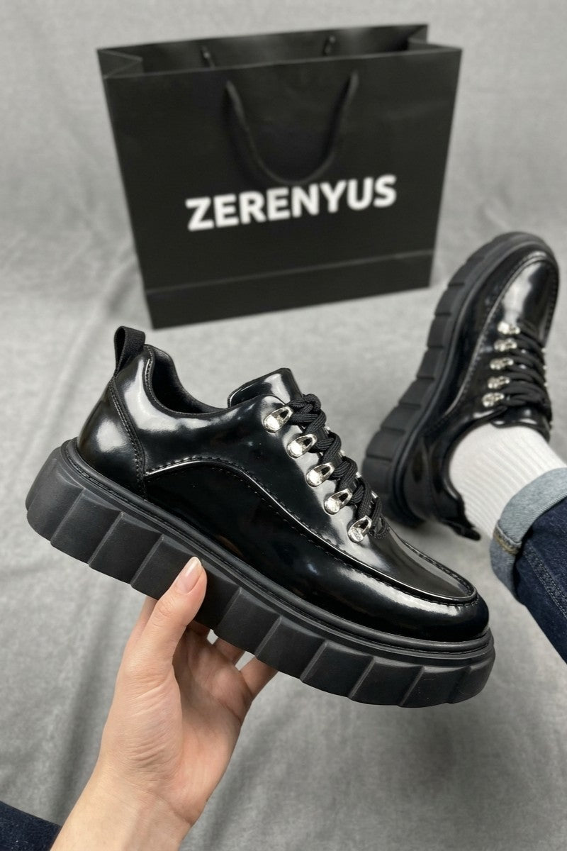 ZRJ010 Premium 5 cm Yüksek Taban Günlük Erkek Ayakkabı Klasik - Siyah Rugan