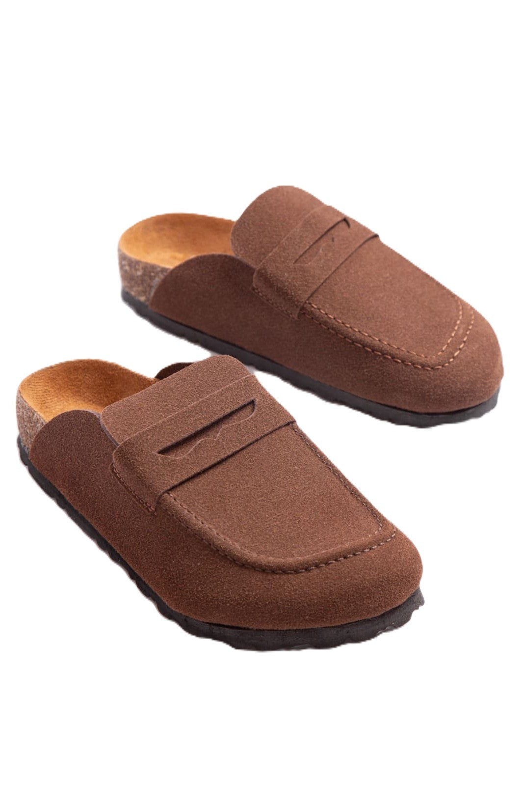 ZRJ0456 Bağcıksız Hakiki Süet Deri Erkek Günlük Mantar Taban Loafer Klasik Ayakkabı Terlik - Kahve