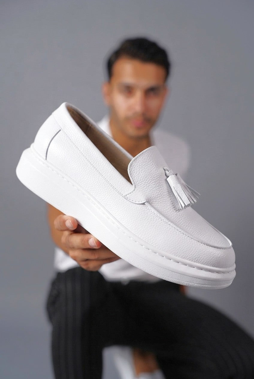 JY154 Blaze Laceless Tasseled Men's Casual Classic Shoes - Vegan Leather White