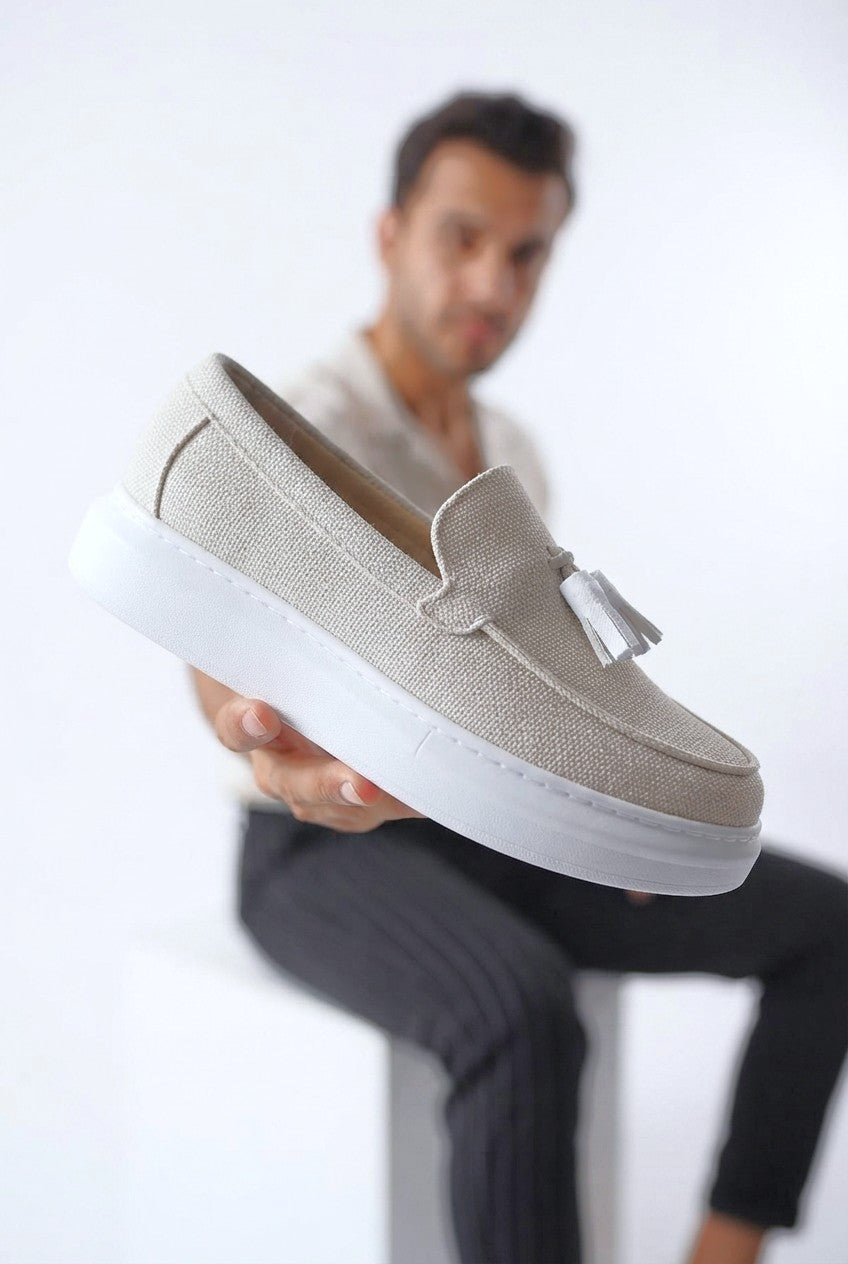 JY154 Blaze Laceless Tasseled Men's Casual Classic Shoes - Linen White