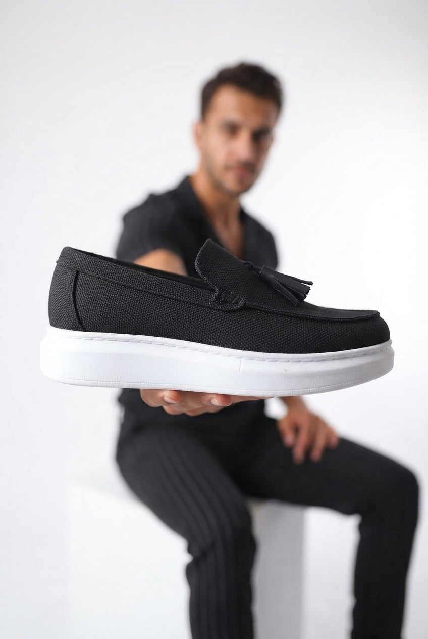 JY154 Blaze Laceless Tasseled Men's Casual Classic Shoes - Linen Black White