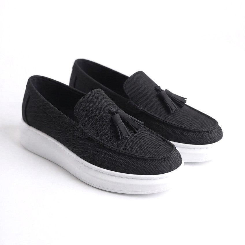 JY154 Blaze Laceless Tasseled Men's Casual Classic Shoes - Linen Black White