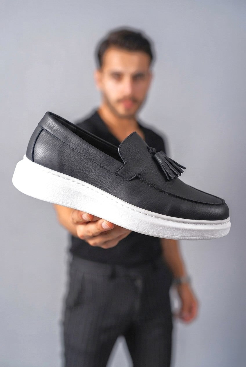 JY154 Blaze Laceless Tasseled Men's Casual Classic Shoes - Vegan Leather Black White