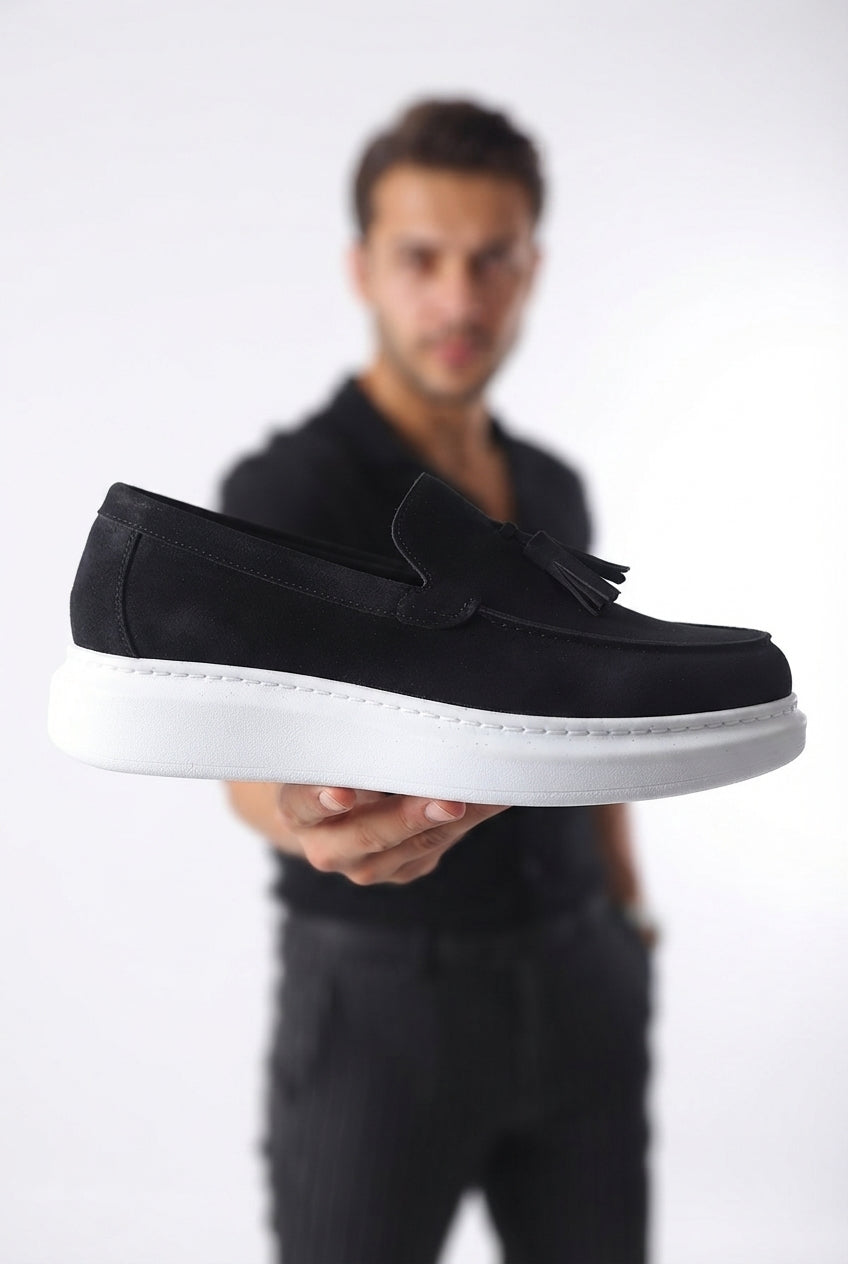 JY154 Blaze Laceless Tasseled Men's Casual Classic Shoes - Suede Black White