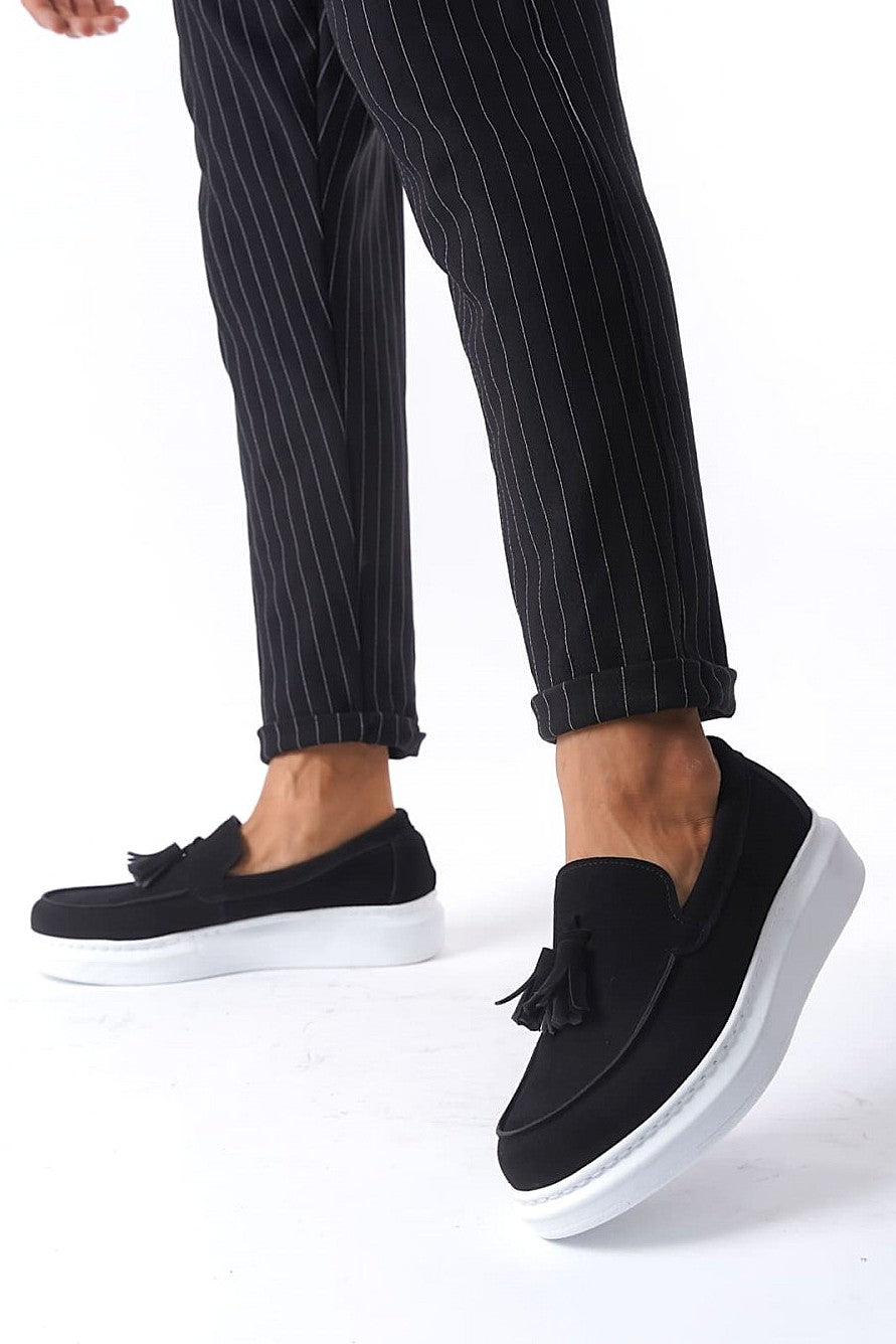 JY154 Blaze Laceless Tasseled Men's Casual Classic Shoes - Suede Black White