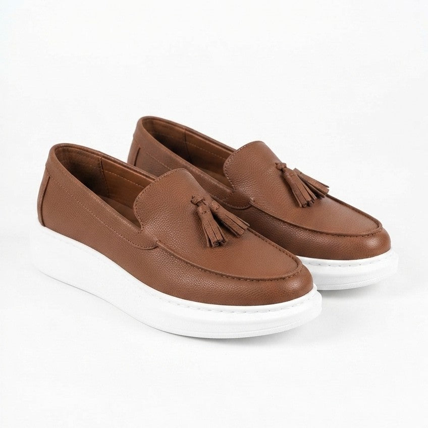 JY154 Blaze Laceless Tasseled Men's Casual Classic Shoes - Vegan Leather Tan White