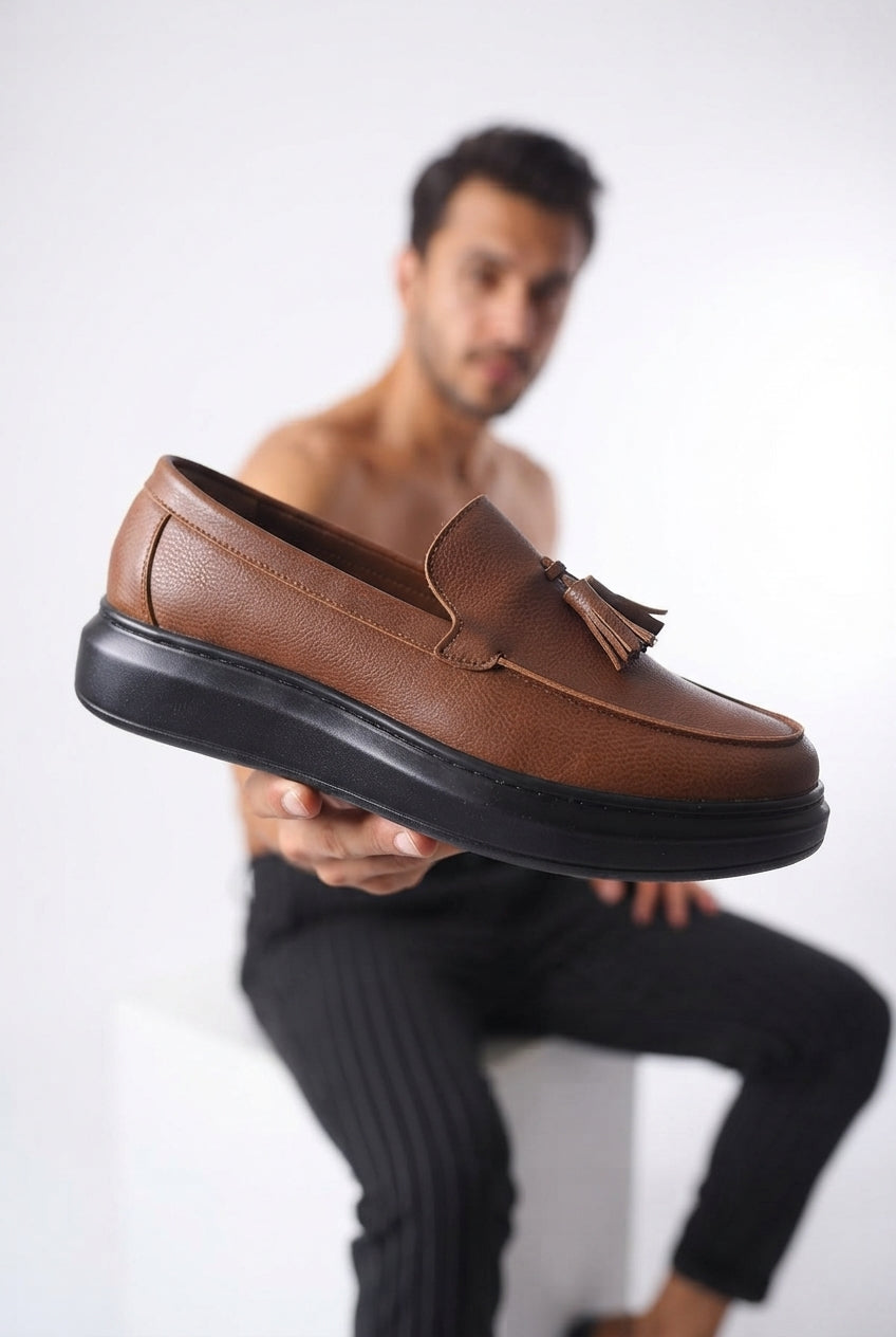 JY154 Blaze Laceless Tasseled Men's Casual Classic Shoes - Vegan Leather Tan Black