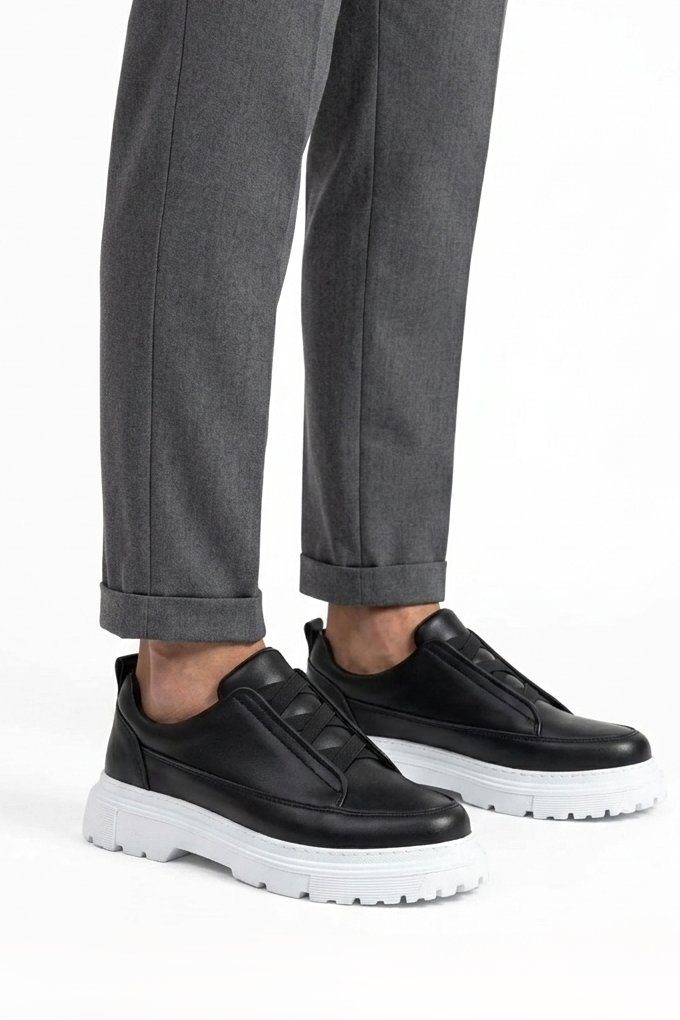 ZRK-703 Premium Siyah Beyaz Lastikli Günlük Erkek Casual Ayakkabı