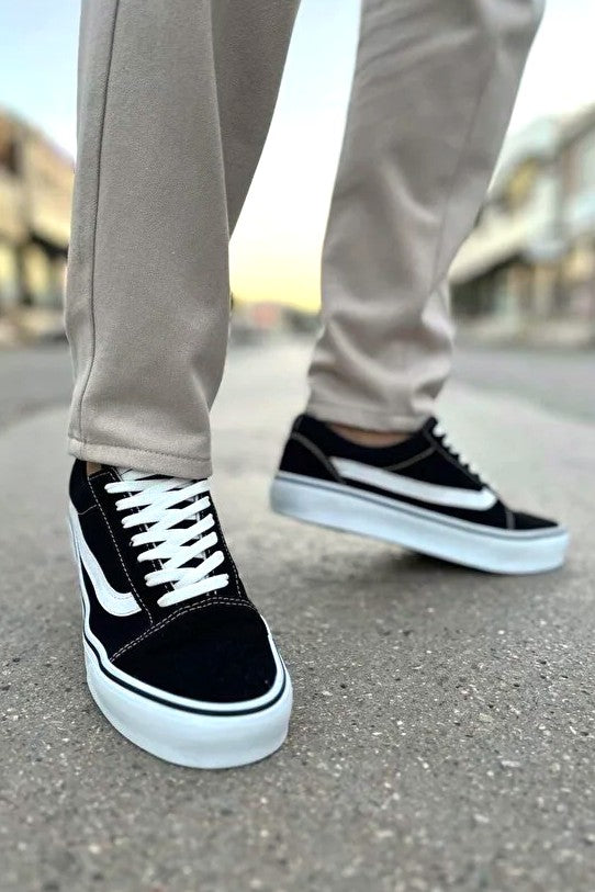 V1 Siyah Beyaz Premium Keten Rahat Günlük Erkek Sneaker