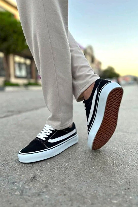V1 Siyah Beyaz Premium Keten Rahat Günlük Erkek Sneaker