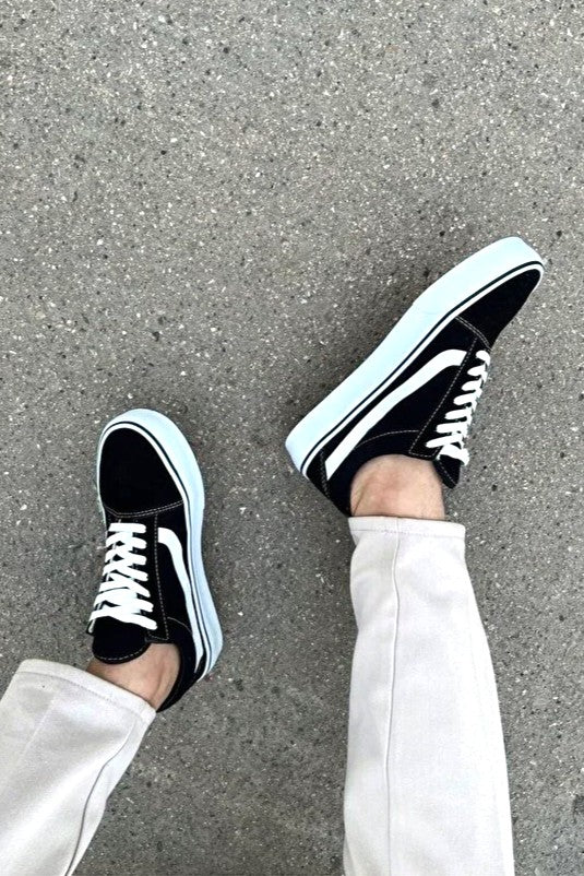 V1 Siyah Beyaz Premium Keten Rahat Günlük Erkek Sneaker