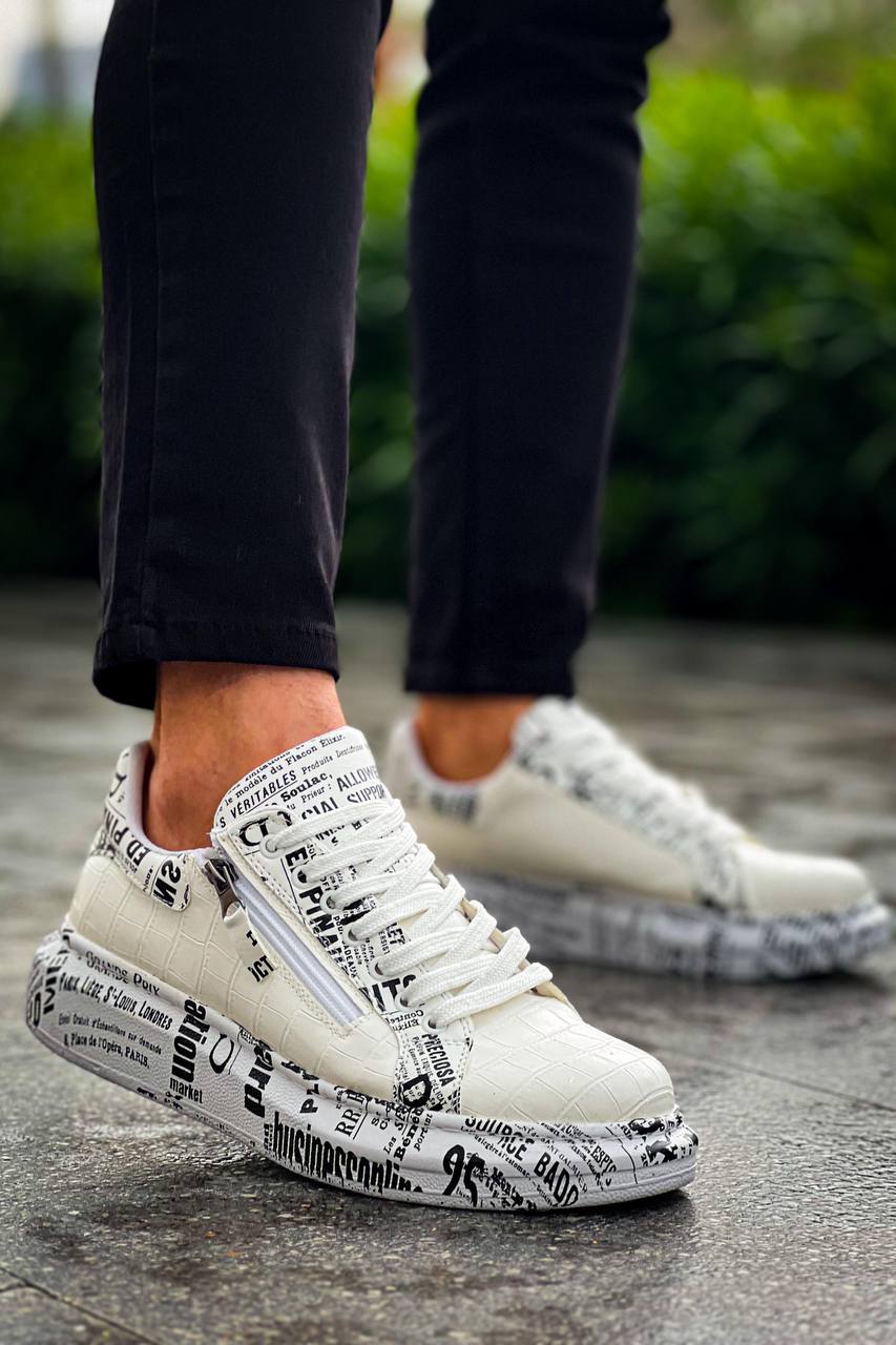 ZRK-X02 Premium Fermuarlı Bağcıklı Crocodile Beyaz Gazete Erkek Sneaker