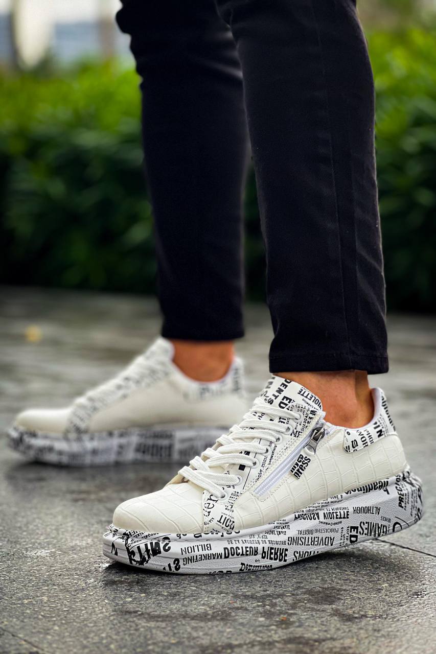 ZRK-X02 Premium Fermuarlı Bağcıklı Crocodile Beyaz Gazete Erkek Sneaker