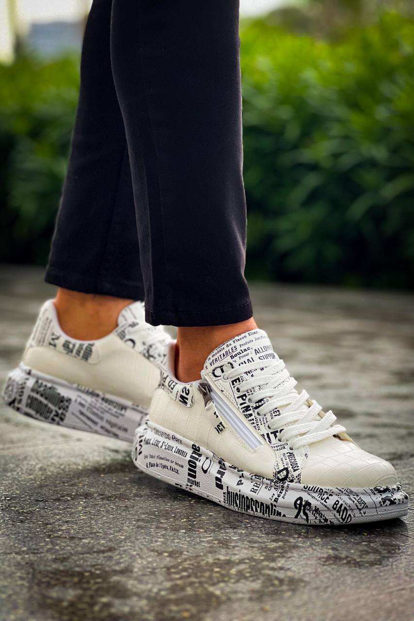 ZRK-X02 Premium Fermuarlı Bağcıklı Crocodile Beyaz Gazete Erkek Sneaker