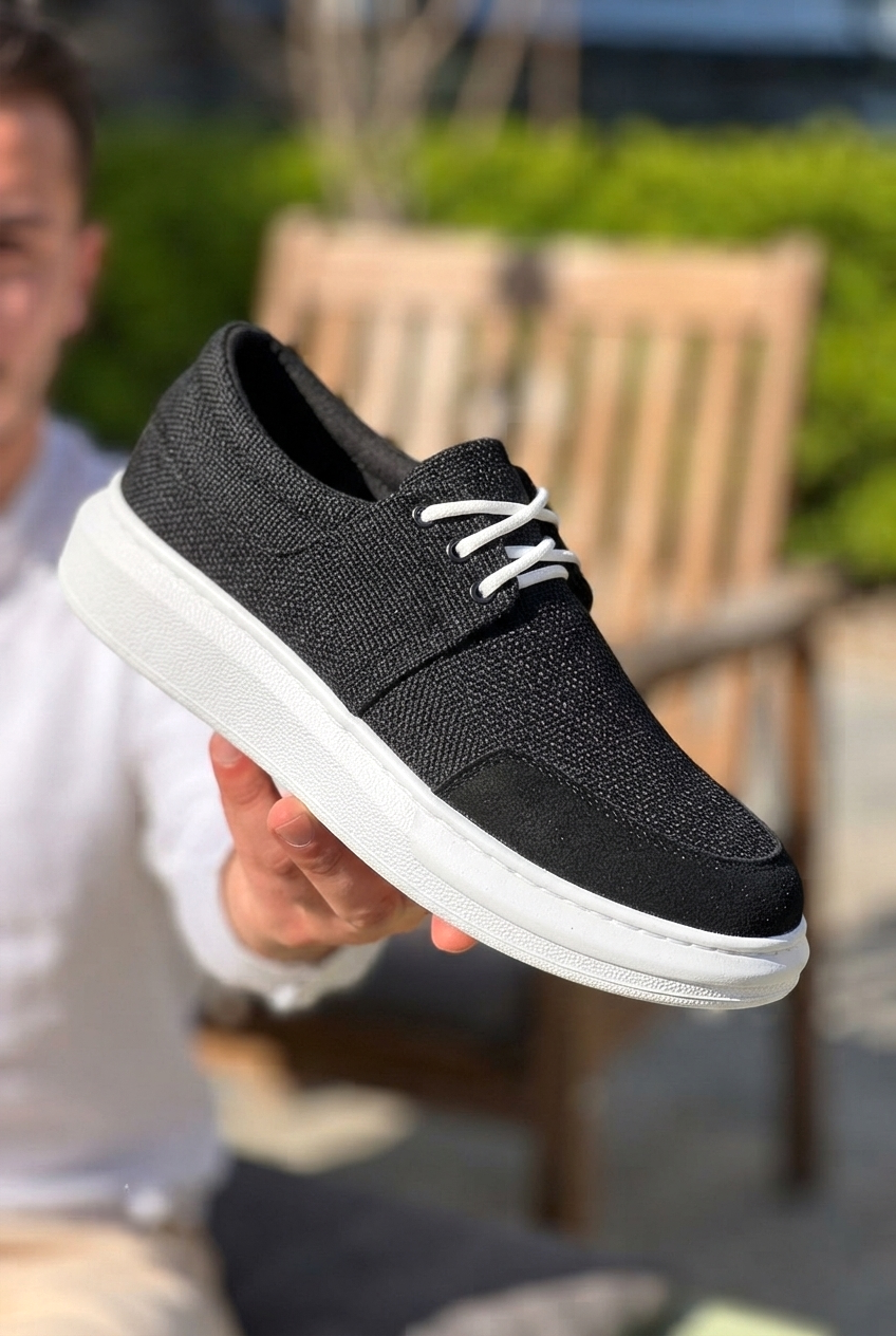 ZRK-X042 Premium Kalın Taban Bağcıklı Siyah Beyaz Günlük Casual Erkek Spor Ayakkabı