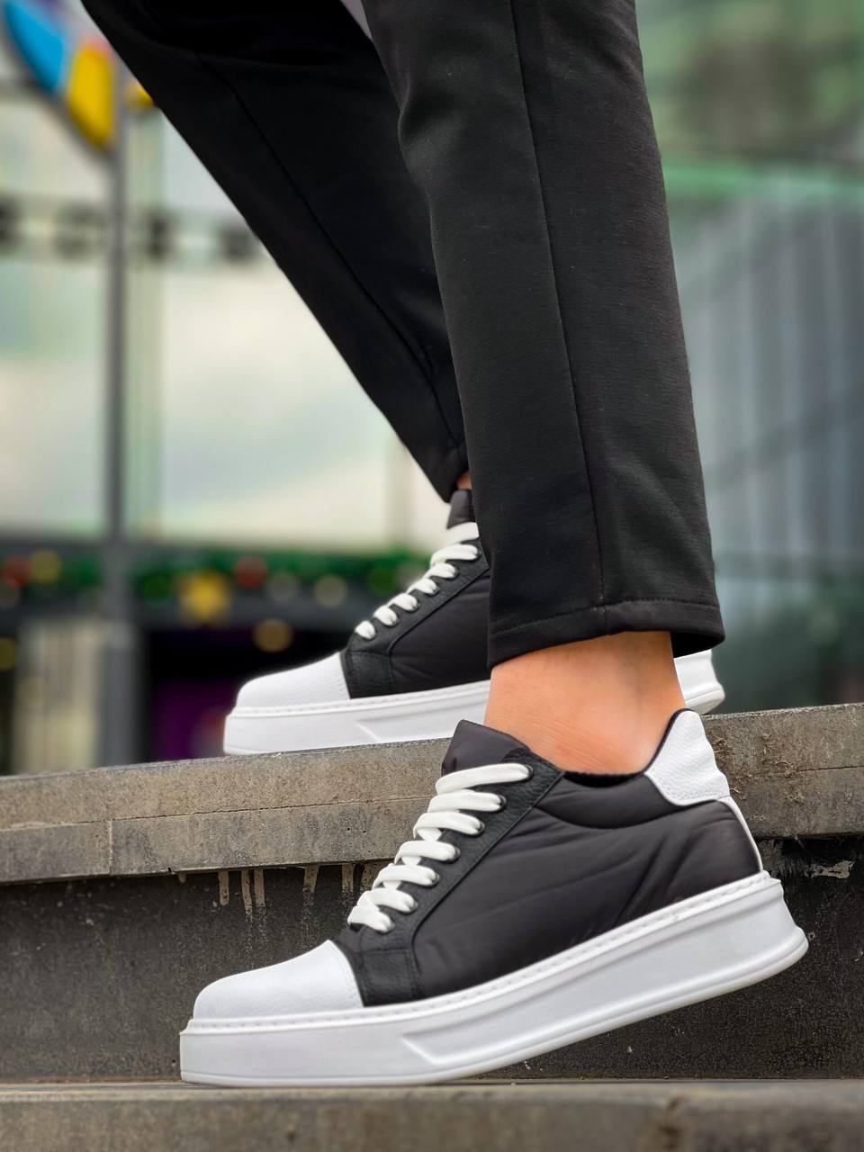 ZRK-X46 Yüksek Kalite Paraşüt Kumaş Siyah Beyaz Yüksek Taban Sneakers