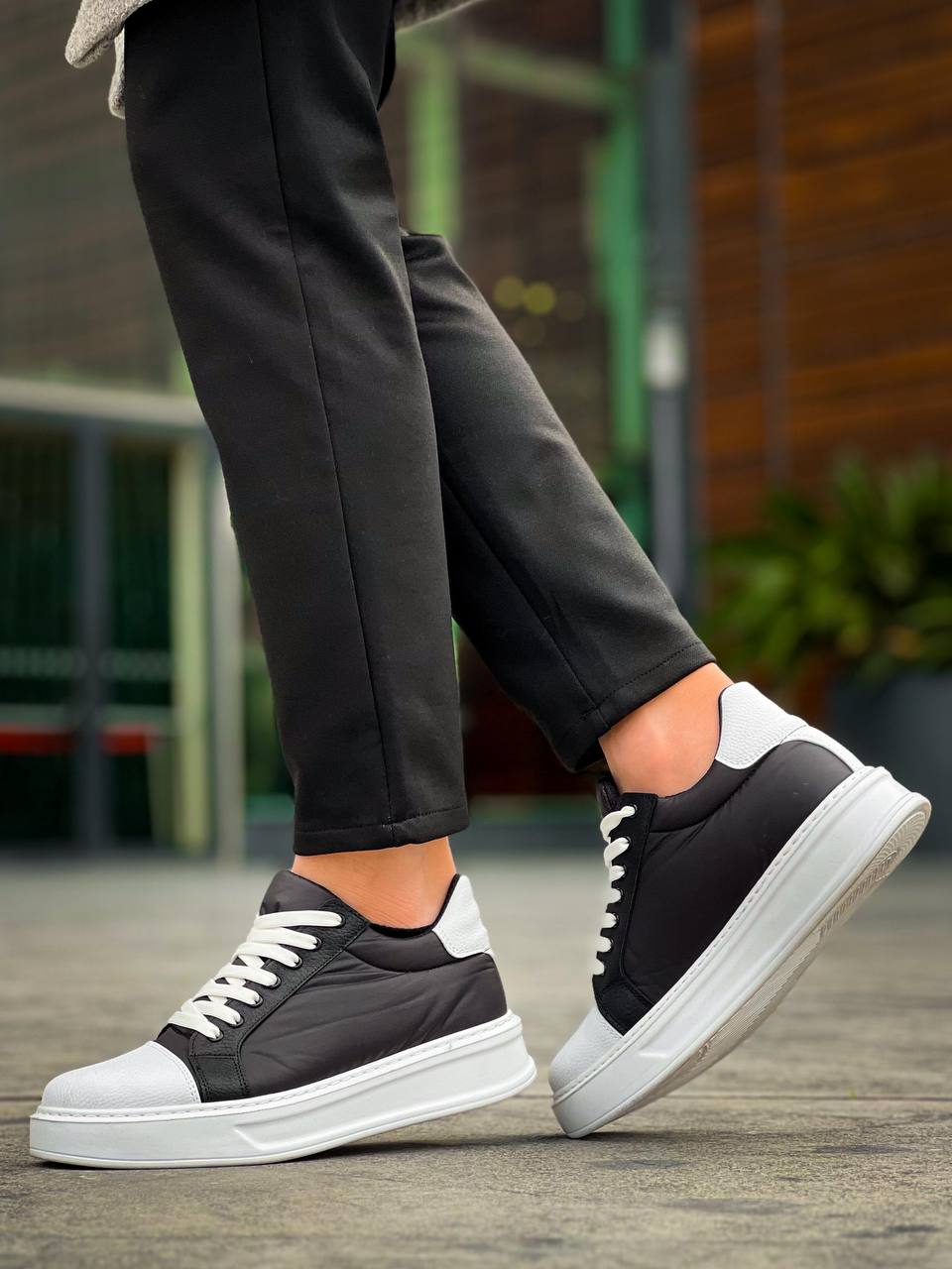 ZRK-X46 Yüksek Kalite Paraşüt Kumaş Siyah Beyaz Yüksek Taban Sneakers
