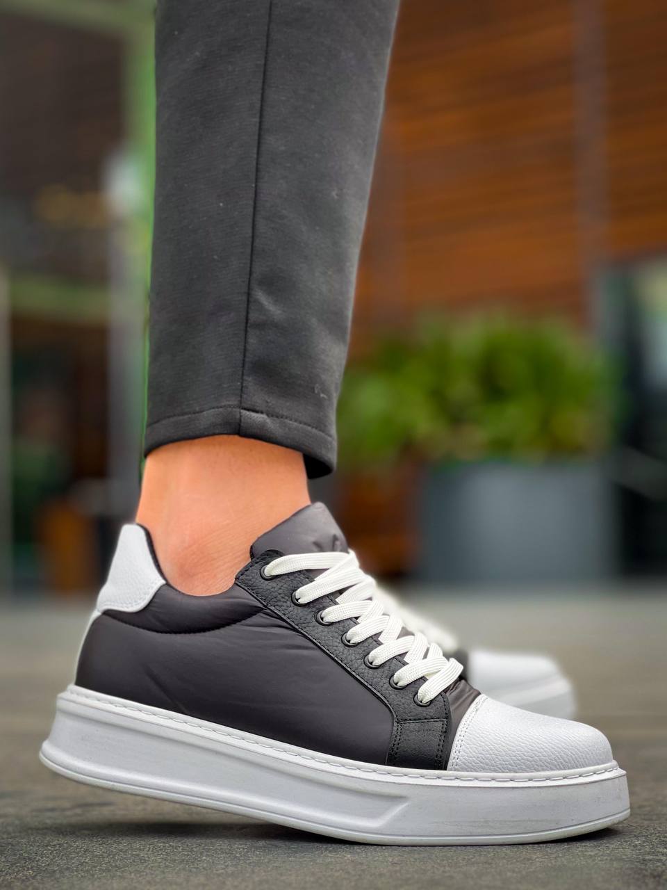 ZRK-X46 Yüksek Kalite Paraşüt Kumaş Siyah Beyaz Yüksek Taban Sneakers