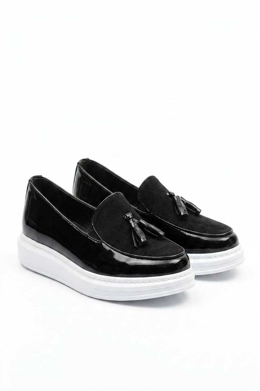 ZRN002 Premium Günlük Erkek Loafer Siyah Beyaz Rugan