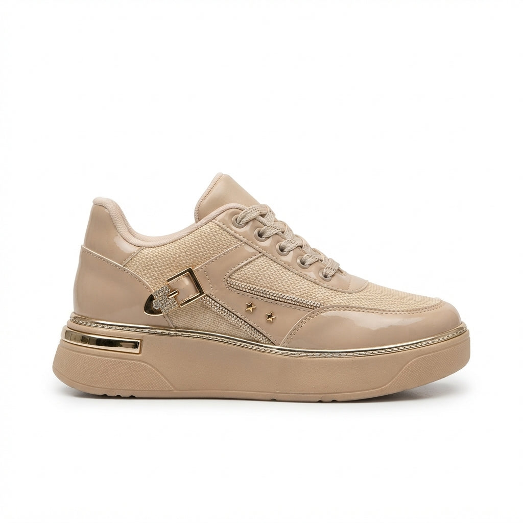 ZRNE-003 Premium Bej Bağcıklı File Detaylı Kadın Sneaker