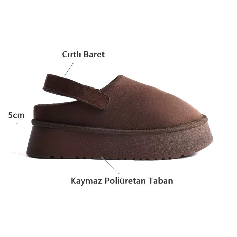 ZRT04MK06 Premium İçi Sıcak Peluş Arkası Bantlı 5cm Terlik Bot - Acı Kahve Süet