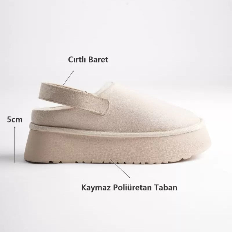 ZRT04MK06 Premium İçi Sıcak Peluş Arkası Bantlı 5cm Terlik Bot - Bej Kahve Süet