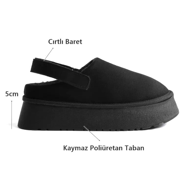 ZRT04MK06 Premium İçi Sıcak Peluş Arkası Bantlı 5cm Terlik Bot - Siyah Süet