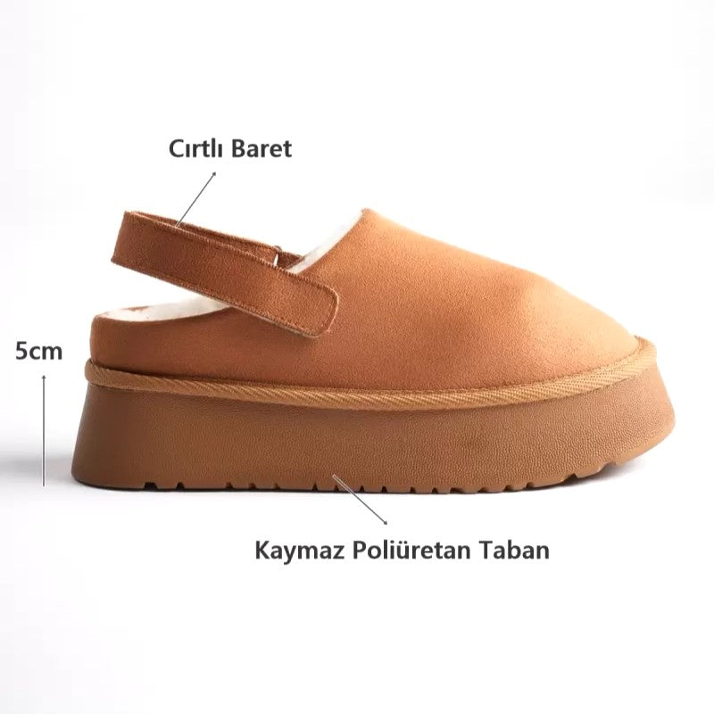 ZRT04MK06 Premium İçi Sıcak Peluş Arkası Bantlı 5cm Terlik Bot - Taba Süet